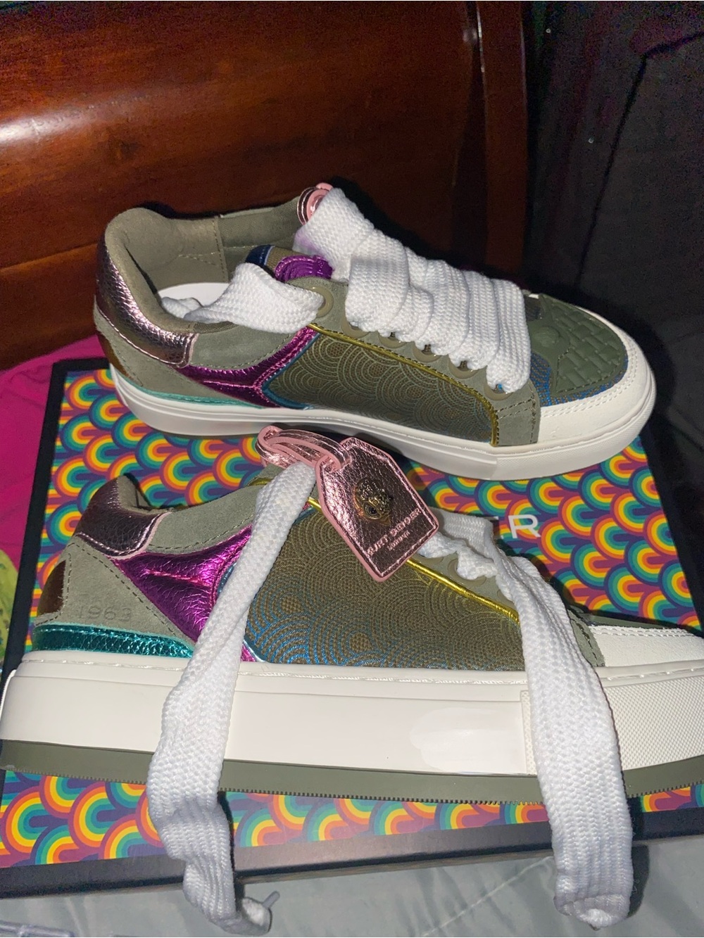 Colorblock Metallic Accent Platform Sneakers - Olive, Pink, Purple